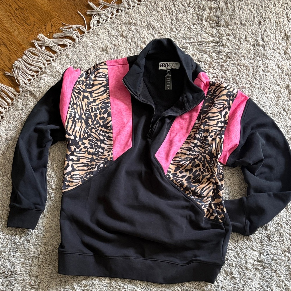 Beach Riot Black Pullover with Pink & Animal Print Accents